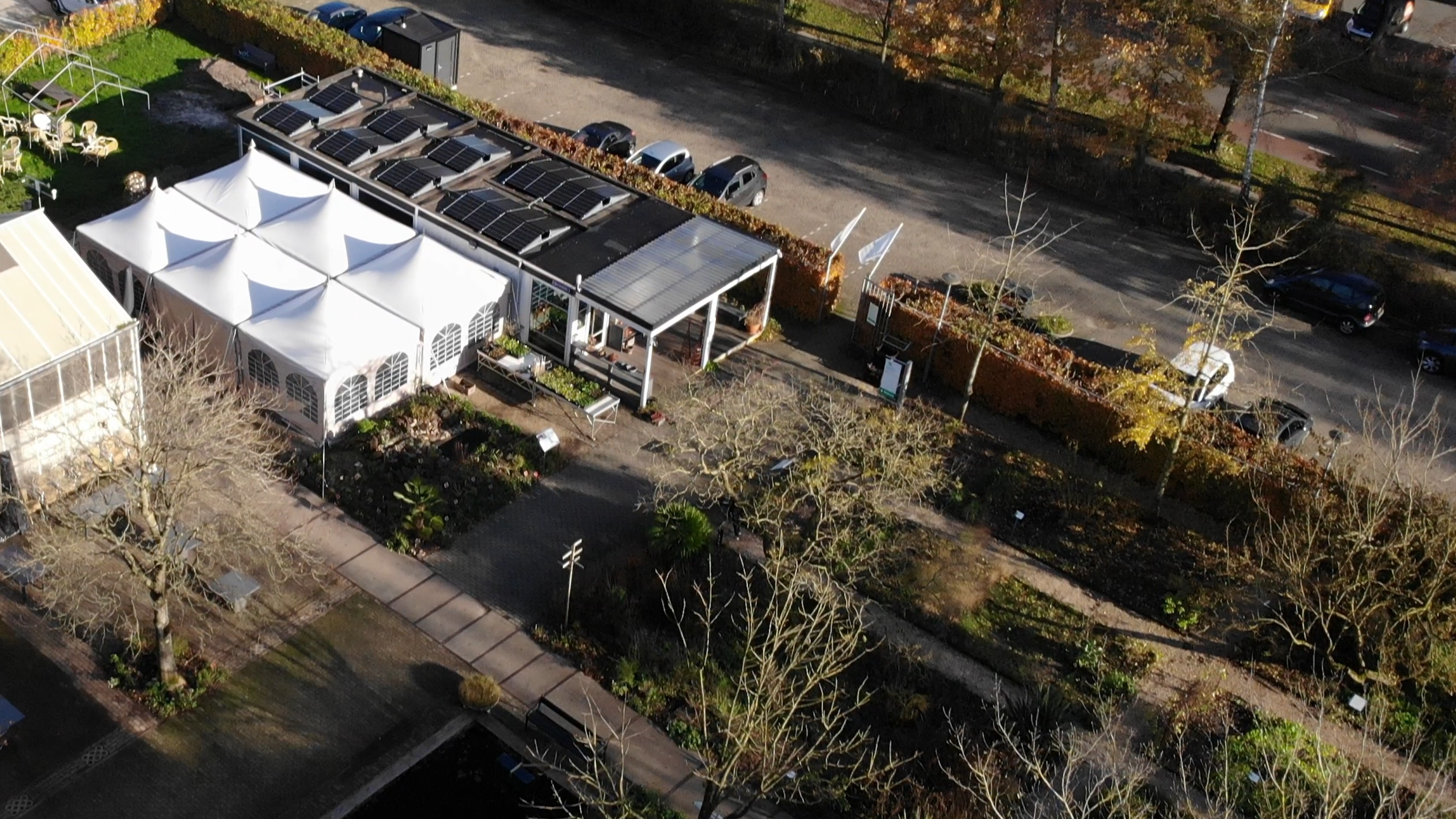 Uitzicht op het dak van Hortus met zonnepanelen in oost-west opstelling
